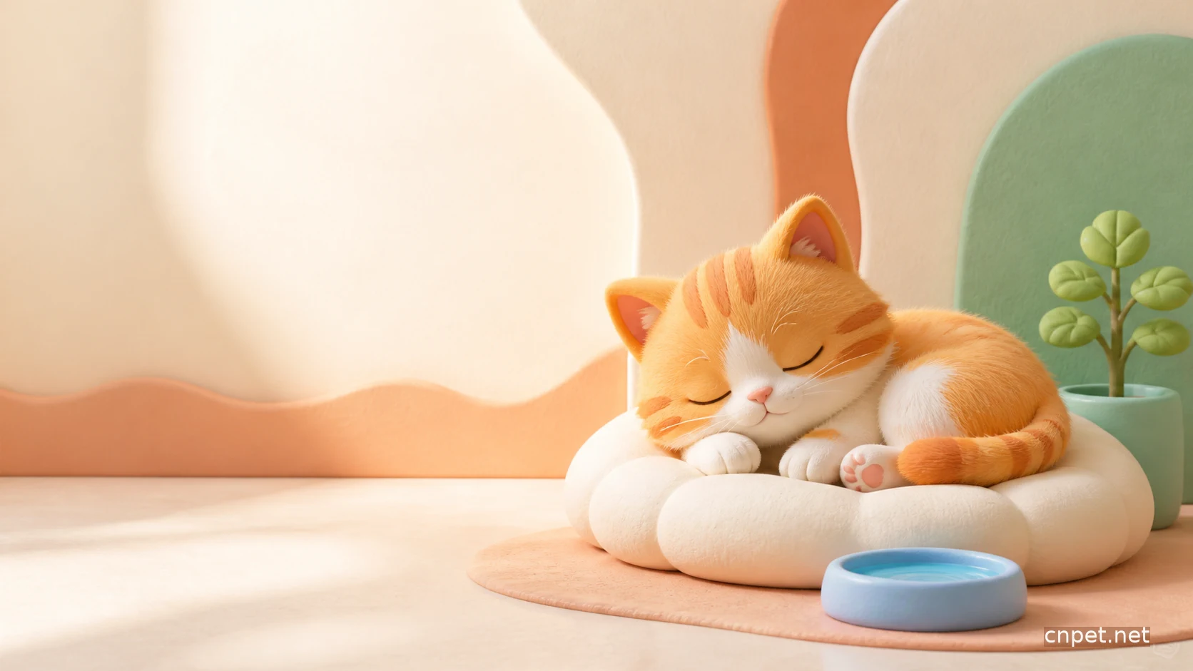 一只橘白小猫在软垫上休息,旁边有蓝色水碗
