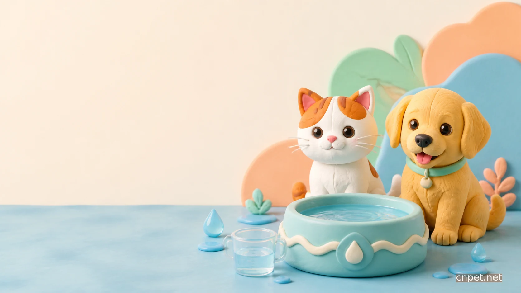 猫狗坐在水碗和量杯旁边