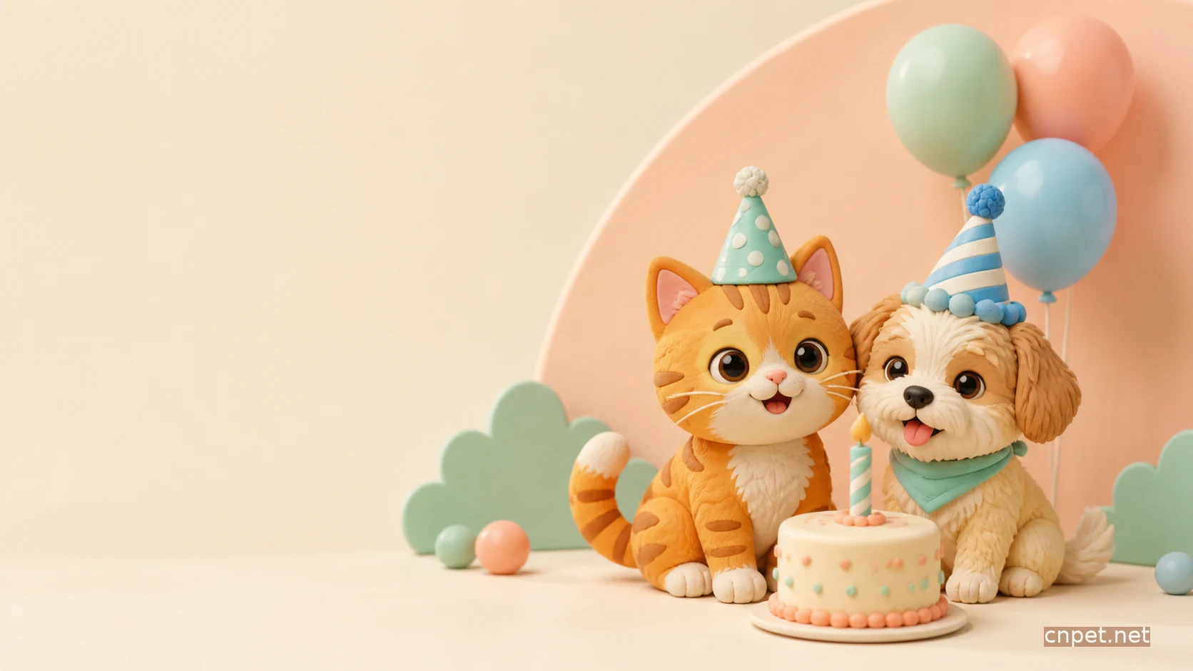 戴着派对帽的猫和狗围着小蛋糕庆祝生日