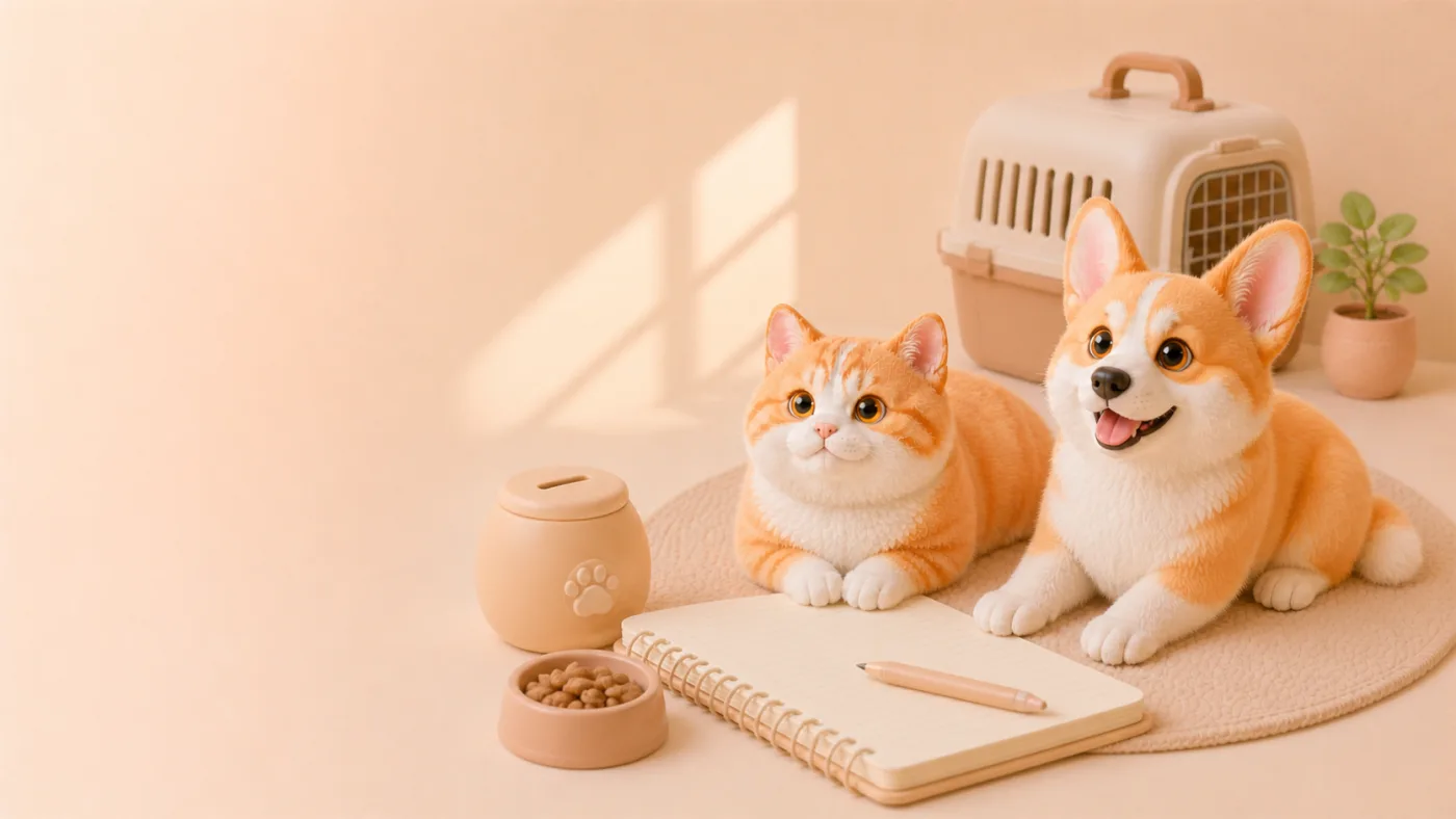 记录本和储蓄罐旁的猫狗