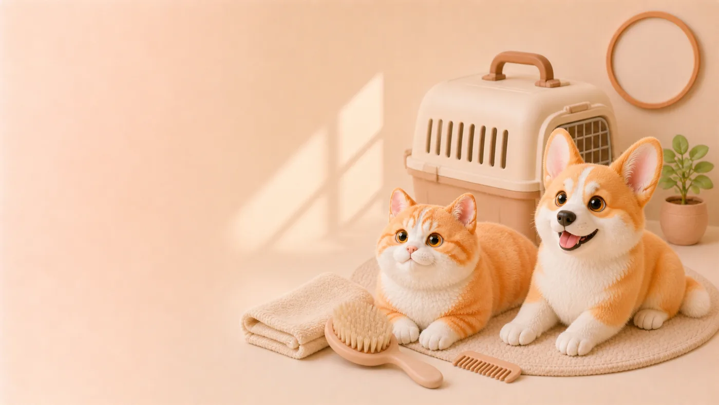 梳子和毛巾旁的猫狗