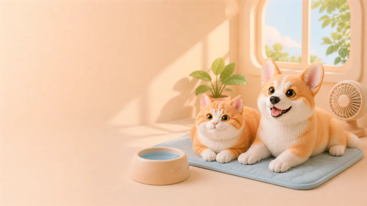 凉垫和水碗旁的猫狗